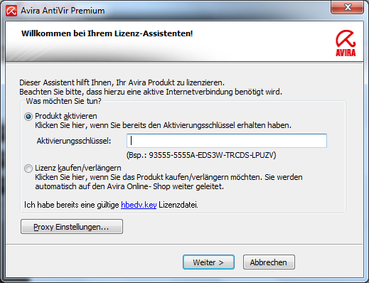 avira pro key eingeben